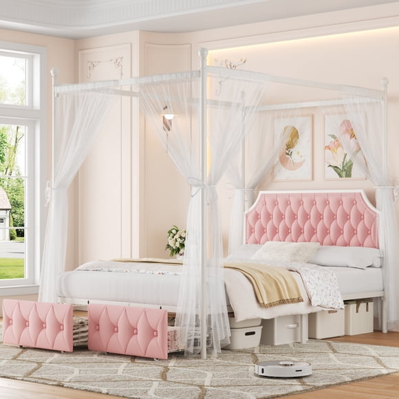 Homfa Full Size Upholstered Canopy Bed Frame for Bedroom, 2 Storage Drawers Platform Bed, Canopy Bed Curtain Not Included, Pink