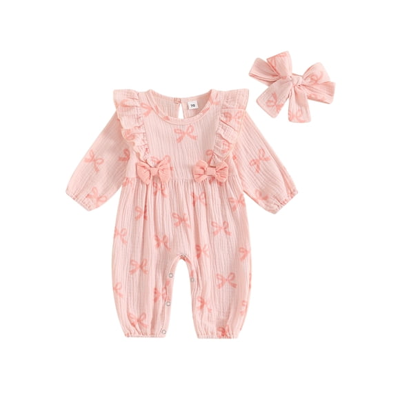 Gupgi Barboteuses pour Bébé Fille 0 3 6 9 12 Mois Bébé Combinaison à Manches Longues à Imprimé Nœud à Volants Bandeau