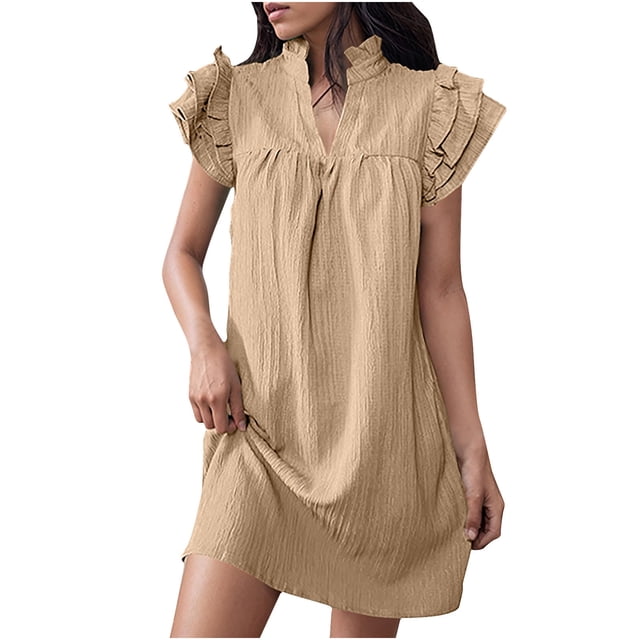 FcBaudy Robe à Manches Courtes à Col en V, Robes d'Été pour Femmes, Robes pour Femmes Mode Robe Décontractée pour Femmes - Robe à Col en V à Manches Courtes Longue Robe à Taille Longue Jupe Plissée en Soie Glacée pour Dames
