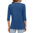 thumbnail image 4 of Olyvenn Femmes 2025 T-Shirt à Manches 3/4 Hauts Couleur Unie Été Printemps Mode Col Ras du Cou Blouse Tee Tendance Vêtements Femme Bleu P, 4 of 6