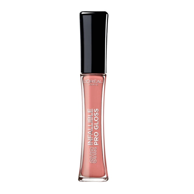 L'Oréal Paris Infaillible Le Gloss Lip Gloss, 6.3 ML, in a clear tube with black cap, showing nude pink shade and white vertical branding, hydrating and long-lasting for up to 8 hours of high-shine wear with a precision applicator for smooth lip coverage.