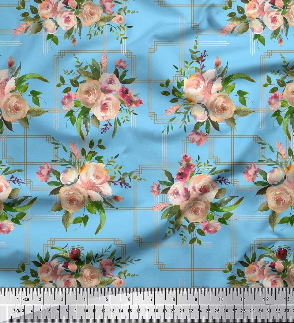 Soimoi Tissu Satin Modal Bleu Feuilles et Imprimé Floral de Roses, Tissu au Mètre, 42 Pouces de Large