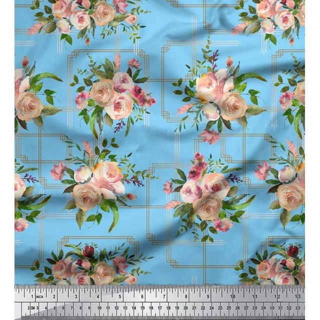 Soimoi Tissu Georgette Poly Bleu Feuilles et Imprimé Floral de Roses Tissu au Mètre 52 Pouces de Large