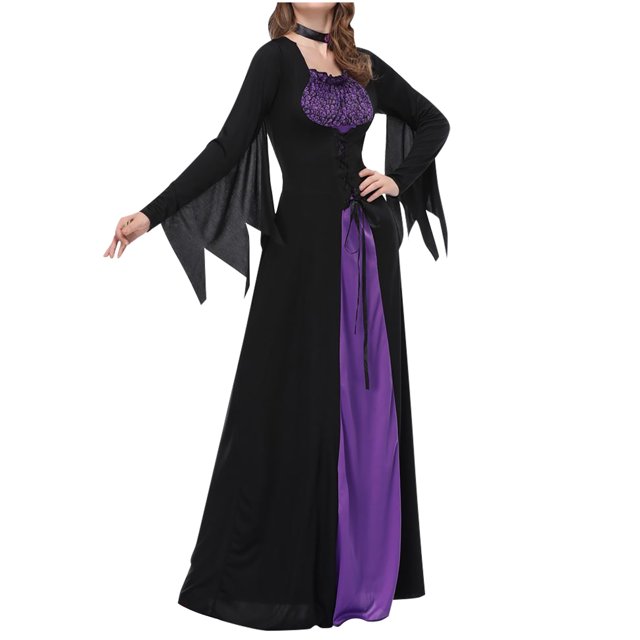 EQWLJWE Robe de Sorcière d'Halloween pour Femmes Manches Longues Gothique Cour Manches Longues Col Carré Robe à Lacets