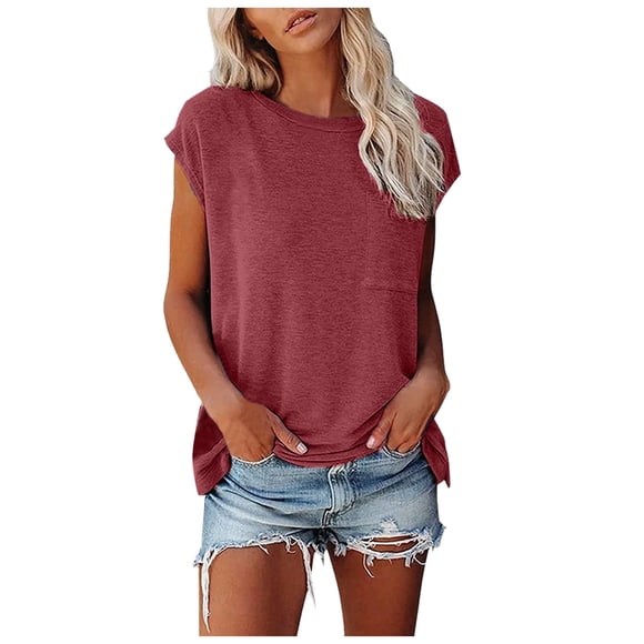 HXWCHs Women Solid Organic Cotton T Shirt Women's Casual Short Sleeve Crew Neck Pullover Tee with Pocket Loose Fit Basic Solid top Dressy T-Shirt XXL Wine