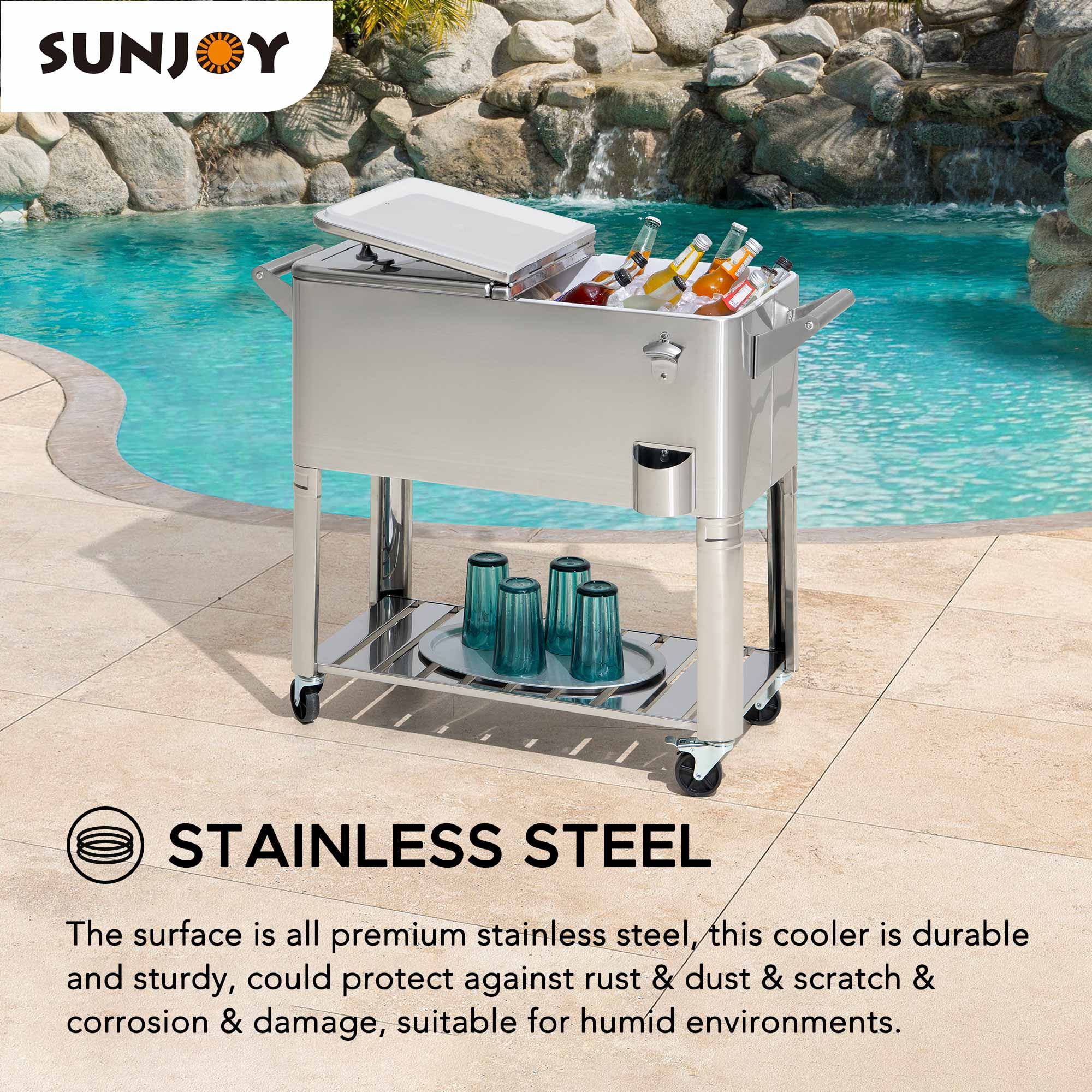 Sunjoy 80 Quart Patio Cooler Cart Stainless Steel Rolling Ice Chest With Steel Bottle Opener, Shelf And Lockable Wheels