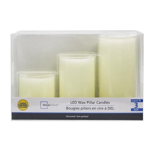 Mainstays Unscented LED Mini Wax Pillar Candles set of three ivory real wax flameless pillars in 2, 3, and 4 inch heights with flickering LED light for safe indoor decorative use