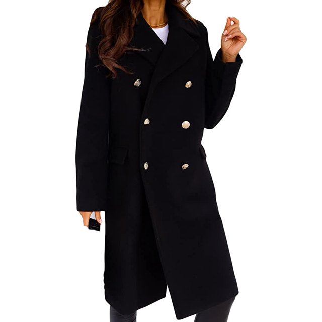 LinYooLi Women's Notch Lapel Double Breasted Pea Coat Winter Casual Wool Blend Overcoat Long Shacket Jacket