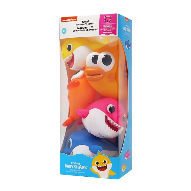 Baby Shark Bath Squirters set with five multicolour infant bath toys shaped as Baby Shark characters including yellow, orange, pink, and blue sharks in clear packaging with blue and white box, ideal for bath play.