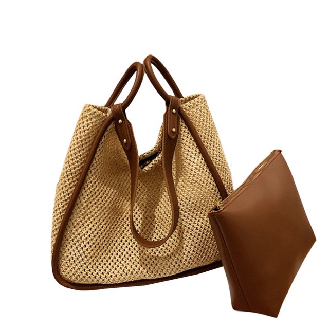CHUANK Straw Shoulder Bag for Women Large Capacity Square Shape Beach Handbags + PU Leather Zipper Wallet