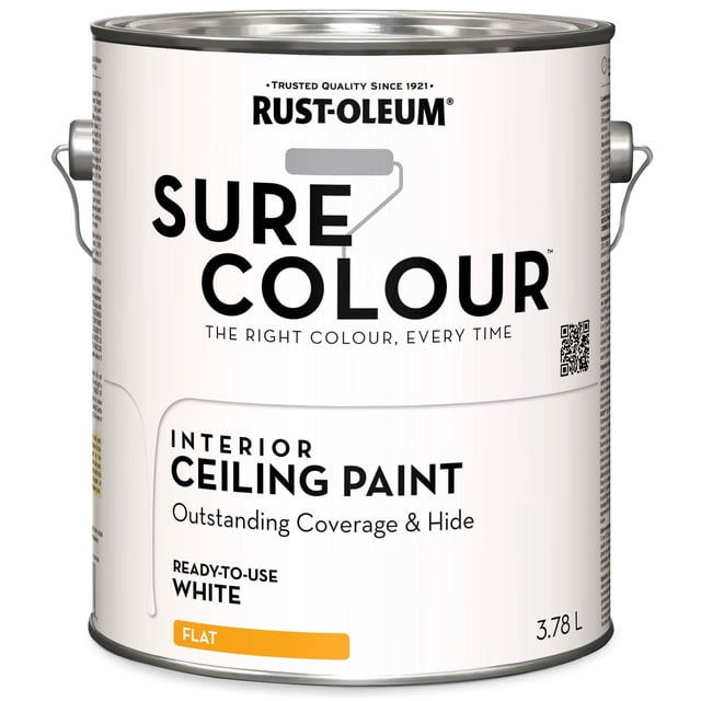 Rust-Oleum Sure Colour™ Paint + Primer, Ceiling Flat, White 3.78 L metal can with handle, interior ceiling paint offering mould and mildew resistance, stain resistance, low odor, and washable flat white finish for durable coverage.
