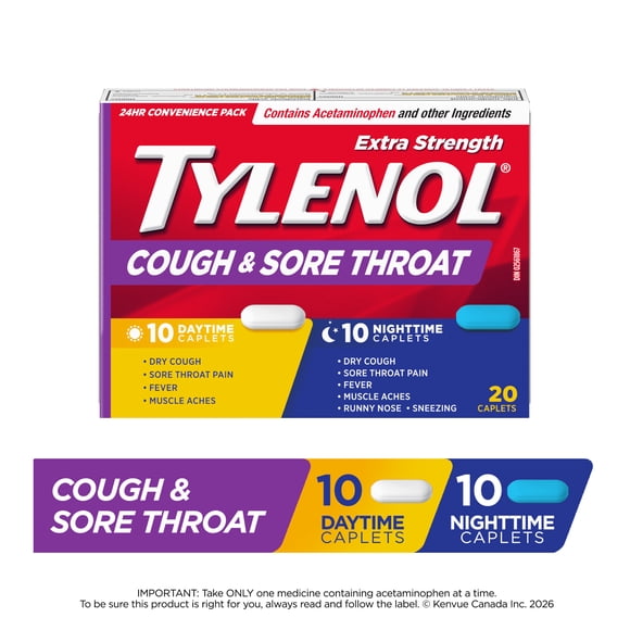Tylenol Extra Strength Cough & Sore Throat Day & Night Caplets, Combo Pack for Dual-Symptom Relief of Your Worst Cough & Sore Throat Pain, Acetaminophen Pain Reliever, 20 count