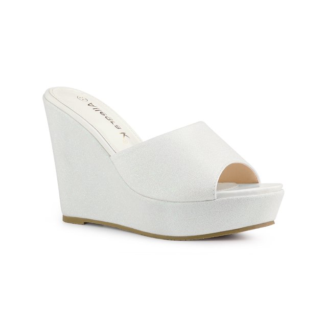 BLISSFUL STEP Sandales à Talons Compensés à Plateforme Pailletées pour Femmes à Enfiler Blanches 5,5
