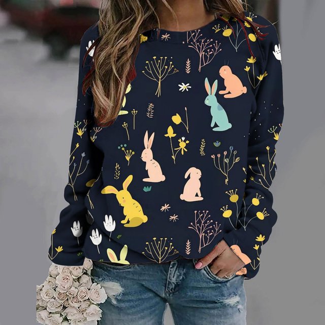 Styesk Longues Chemises à Manches pour Femmes Haut/chemise à Manches Longues à Col Rond Imprimé de Pâques à la Mode et Décontracté pour Dames