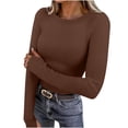 thumbnail image 3 of YOIAVAIOY Women Long Sleeve Shirts Rib Knit Slim Fit Basic Tees Fall Casual Outfits Spring Fall Undershirts Brown XL, 3 of 9