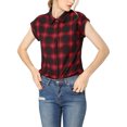 thumbnail image 2 of INSPIRE CHIC Chemise à Carreaux pour Femme à Col Pointu, Manches Courtes à Revers, Boutonnée, TP Rouge, 2 of 8