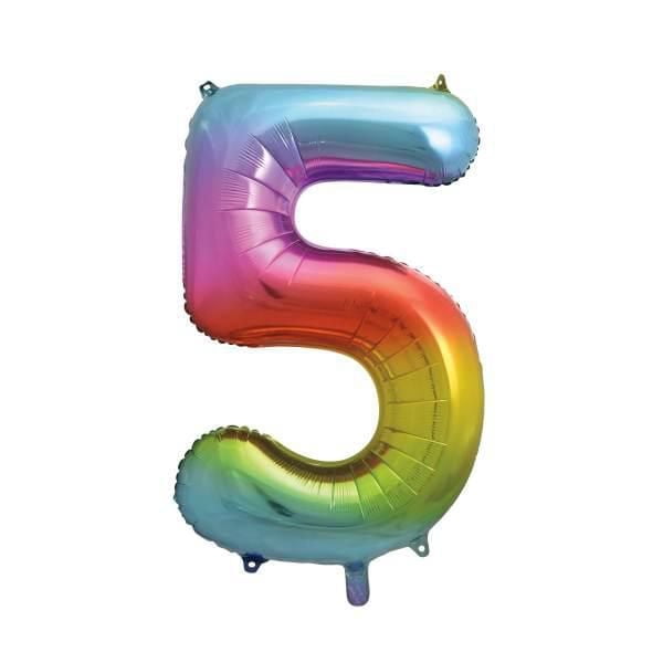 Rainbow Foil Balloon, Number 5 Shaped, 34", featuring a shiny foil surface with a smooth rainbow gradient from blue to green, purple, red, orange, and yellow, measuring 34 by 25 by 7 inches fully inflated, reusable and self-sealing, suitable for milestone birthday or anniversary party decorations and photo booth props.
