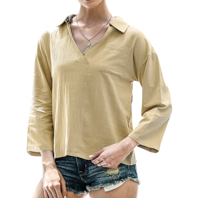 Women Pocket Long Sleeve Stand Collar V Neck Solid Color Shirt