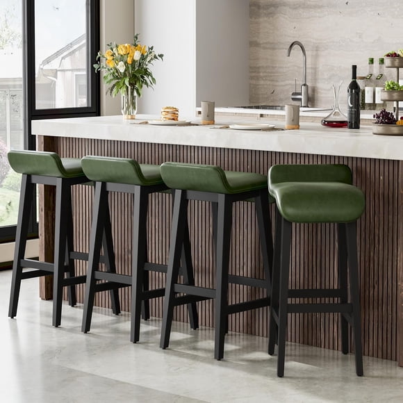 YUSAZENS 26.2 Inch Bar Stools Counter Height with Low Back Footrest Wood Frame Wide PU Leather Upholstered Seat Barstools Set for Kitchen Islands Counter Bars Home Green 4pcs