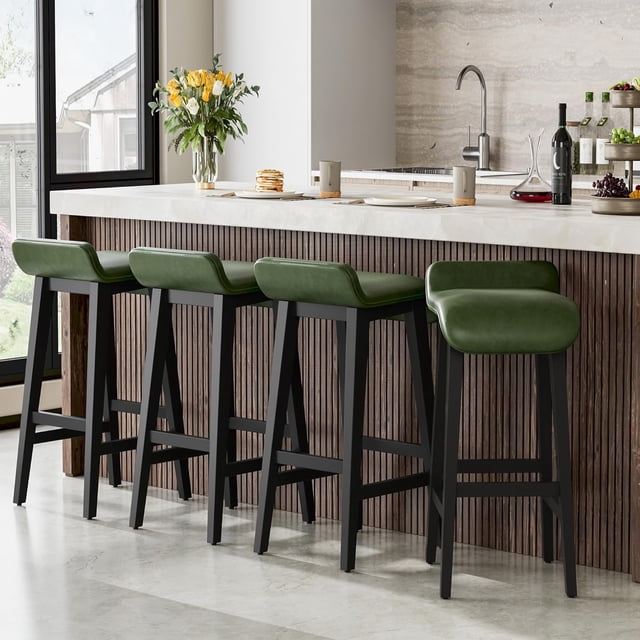 YUSAZENS 26.2 Inch Bar Stools Counter Height with Low Back Footrest Wood Frame Wide PU Leather Upholstered Seat Barstools Set for Kitchen Islands Counter Bars Home Green 4pcs