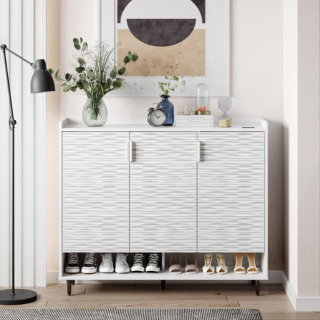 Toytexx Modern Shoe Cabinet with Motion Sensor Light & Deodorizer, 4-Door Shoe Storage Organizer with Adjustable Shelves, White Wave Pattern, 46" x 13" x 39"