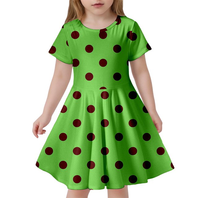Robes pour Filles, Robe d'Été à Pois, Slim, Douce, Respirante, Manches Courtes, Décontractée, Verte, 4 Ans-5 Ans