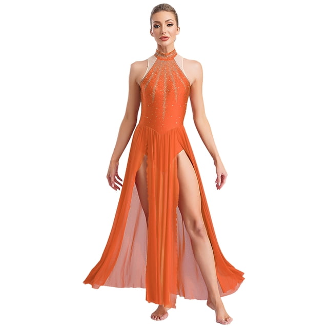 iefiel Robe de Danse Lyrique pour Femmes Sans Manches avec Strass Scintillants Fendue Robe Maxi Tenue de Danse de Salon Orange TG