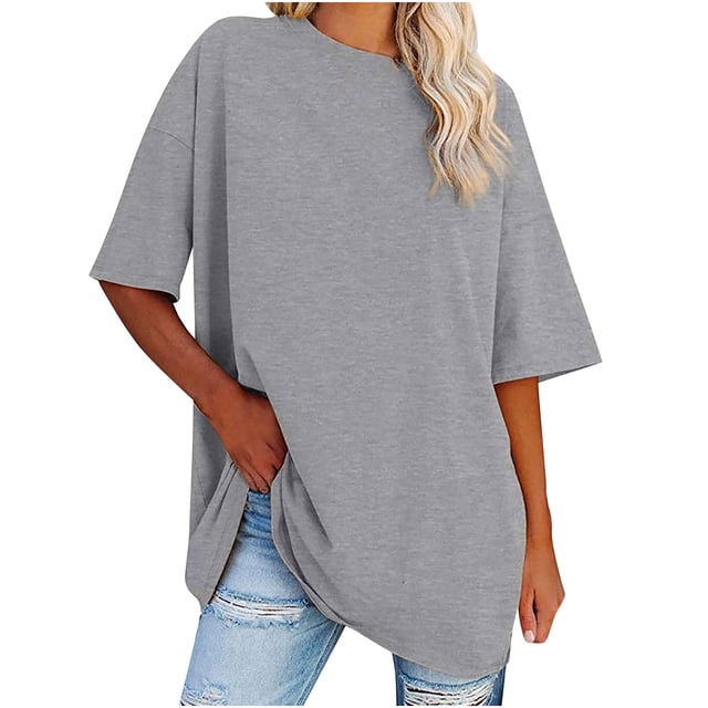 Plebaso T-Shirts Surdimensionnés pour Femmes 2025 Manches Courtes Hauts Amples Col Rond Décontracté Uni T-Shirts Basiques pour Femmes