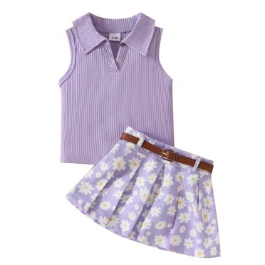Hiiyo Girls Outfits Sleeveless Vest and Floral Pleated Skirt Summer 2Pc Clothes Set