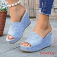 thumbnail image 4 of WLOELOEW Women'S Plus-Size Peep-Toe Wedge Sandals For Outdoor Summer Activities Light Blue Cloth Material Size 6 Us 9.25 Inches, 4 of 9