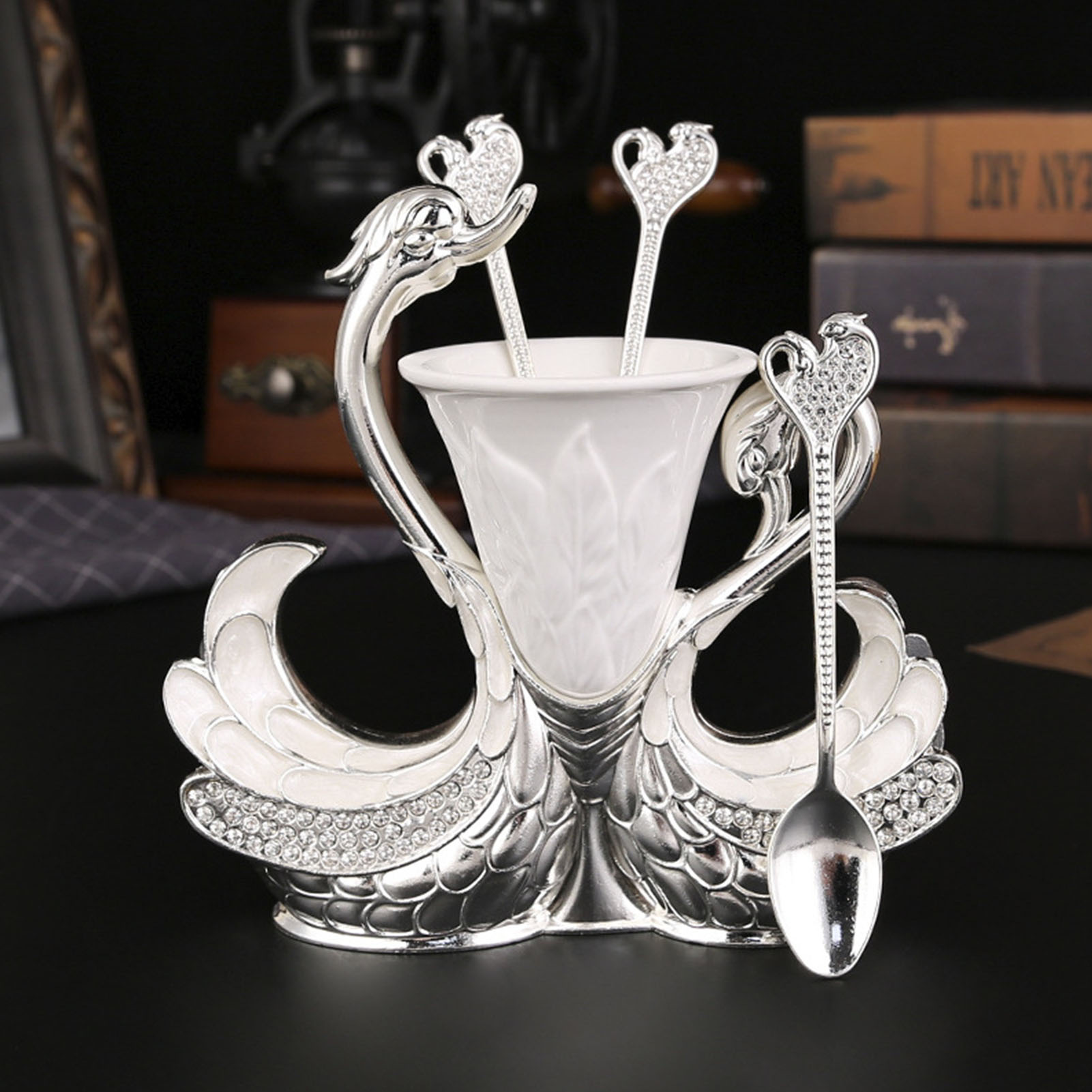 Coffee Dessert Spoon Fork Set, Swan Base Holder Dinnerware Set With 6 Spoons, Luxury Exquisite Elegant Swan Shape Spoon Holder, Zinc Alloy Decorative Swan Flatware For Coffee Fruit