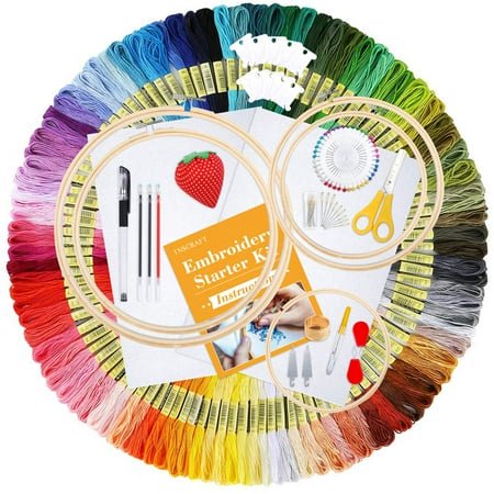 Inscraft 304 Pack Embroidery Kit 200 Colors Threads 5 Pcs Bamboo Embroidery Hoops 2 Pcs Aida Cloth Instructions Bag And Cross Stitch Tools Set Hand Embroidery Starter Kit For Beginners Adults