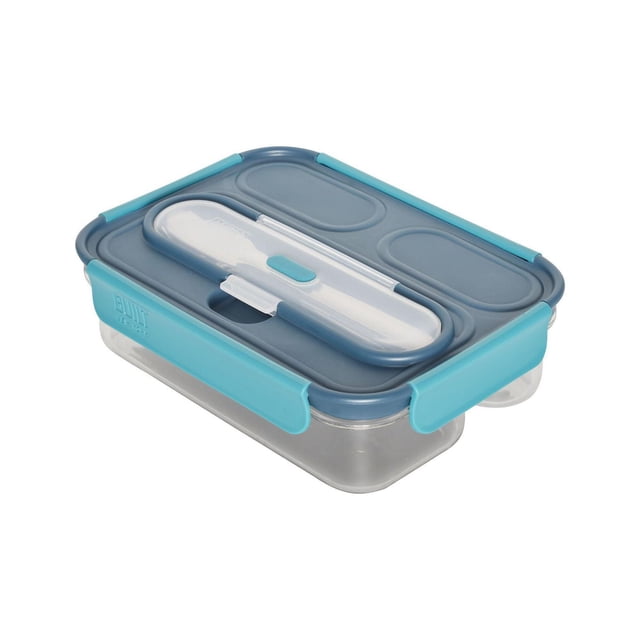 Built NY Bento with Utensils, a rectangular clear food storage container with a blue airtight polypropylene lid and turquoise locking clips, featuring three compartments and an integrated utensil case with full-size white stainless steel fork and spoon, microwave-safe and BPA-free for convenient meal prep and transport.