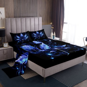 Erosebridal Neon Leaves Bed Sheets Set Queen Size, Bling Botanical Bed Sheets Queen, Mystic Stripes Sheet Set Queen, Microfiber Room Decorative, 4pcs