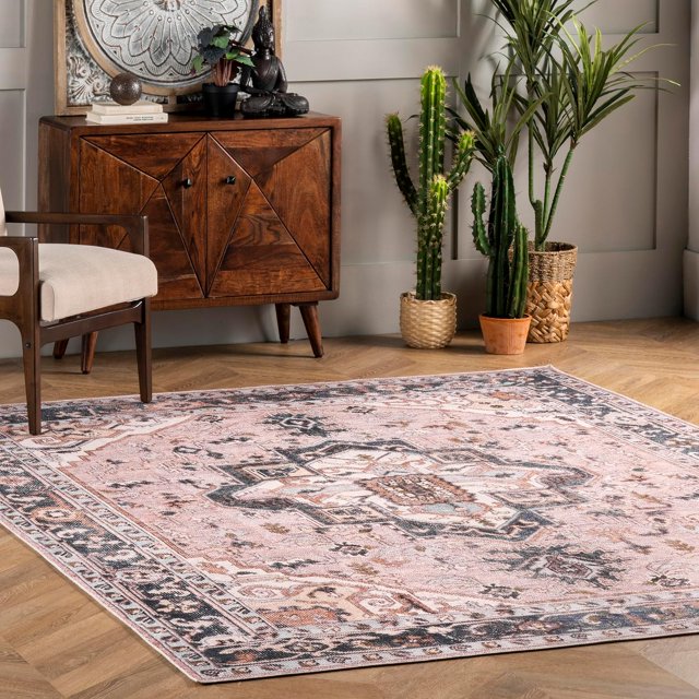 nuLOOM Tapis Médaillon Ultra Mince Lavable à la Machine Sasha, 6x9, Rose