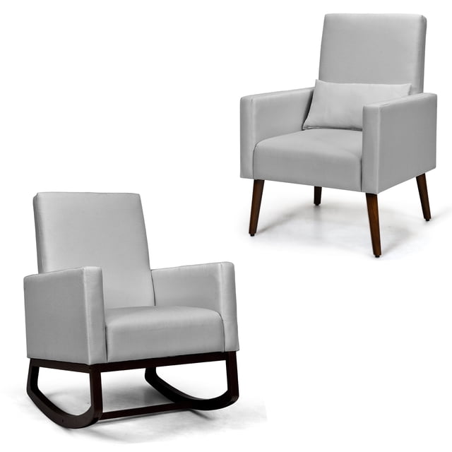Patiojoy Set of 2 Dual-use Upholstered Rocking Chair with Wood Leg & Pillow Relax Sofa Chair Light Gray