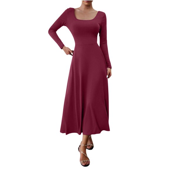 cfhntfmh Maxi Dresses for Women Fall 2024 Elegant Long Sleeve Square Neck Tunic Dress Flowy Party Cocktail Dress