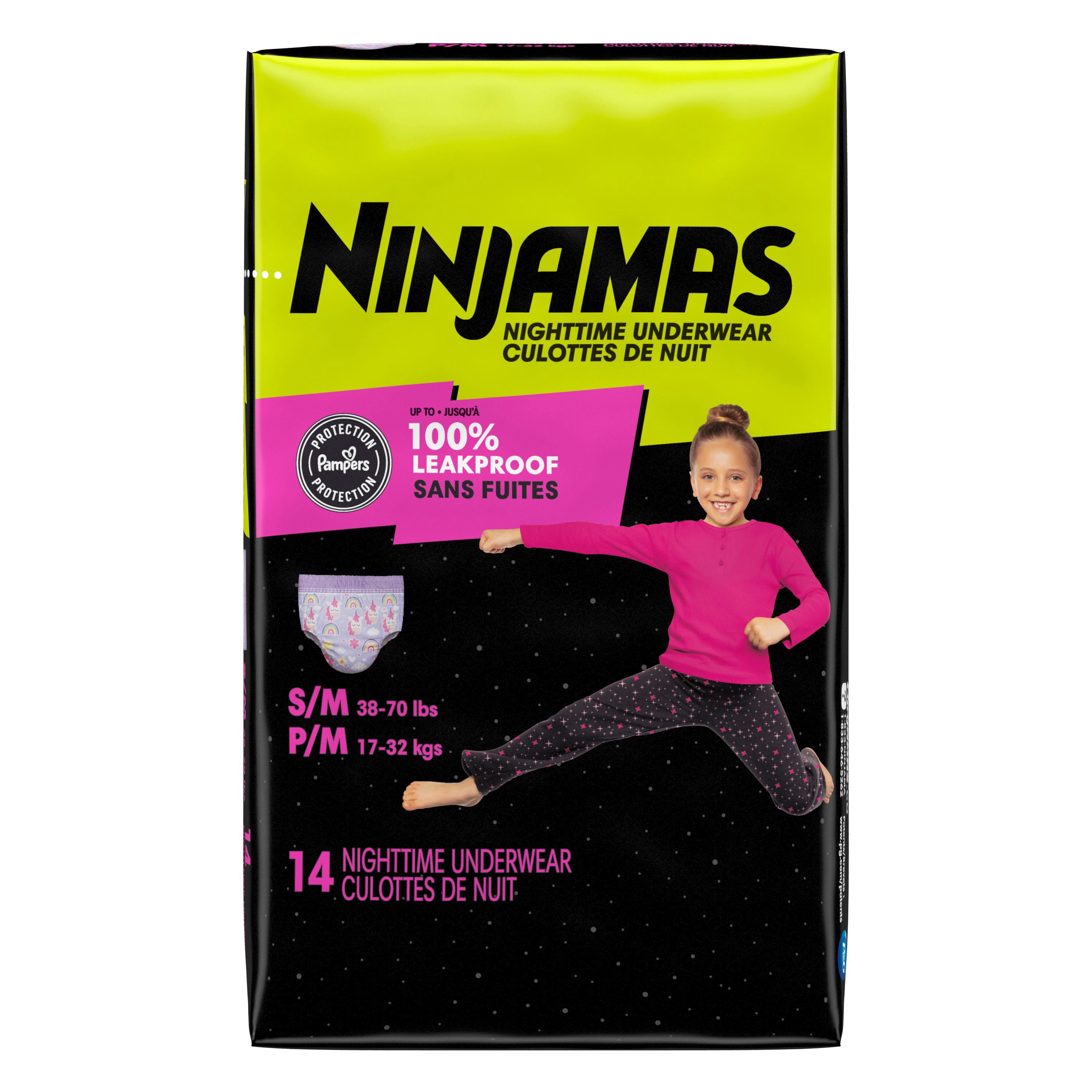 Sous-vêtements de nuit pour l’énurésie Ninjamas pour filles, taille P/M (17 à [38 à 70 lb])