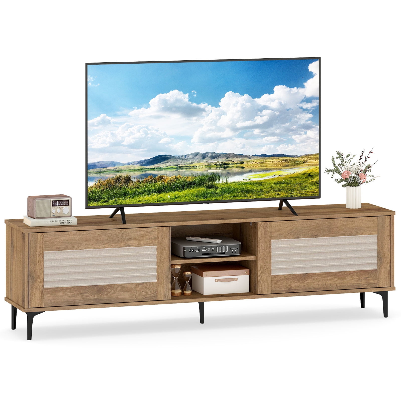 Gymax Support TV avec 2 armoires de rangement et étagères ouvertes, trou pour câbles pour téléviseurs jusqu'à 70 po