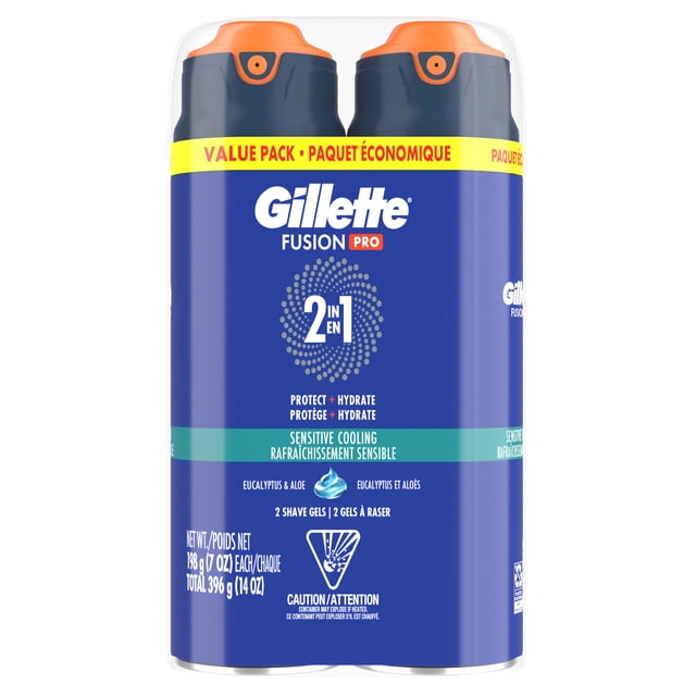 Gillette FusionPro Sensitive Cooling Shaving Gel value pack with two 198g cans featuring blue packaging and dark gray caps with orange spray nozzles, formulated with eucalyptus and aloe to protect, hydrate, and cool sensitive skin during shaving.