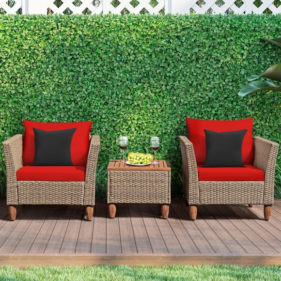 Patiojoy Ensemble de Canapé d'Extérieur en Rotin 3 Pcs Ensemble de Mobilier de Conversation en Osier avec Coussins Rouges