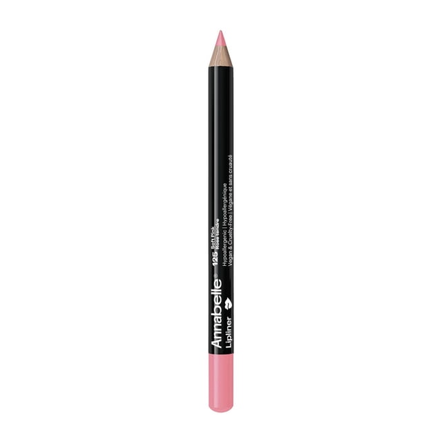 Annabelle Crayon à Lèvres, 125 Rose Doux, un Crayon à Lèvres Noir avec une Pointe Aiguisée Montrant une Couleur Rose Doux, Étiqueté avec du Texte Blanc, Présentant une Formule Lisse et Hypoallergénique Qui Offre une Finition Naturelle et une Définition Parfaite pour les Lèvres, Convient au Contour des Lèvres Précis.