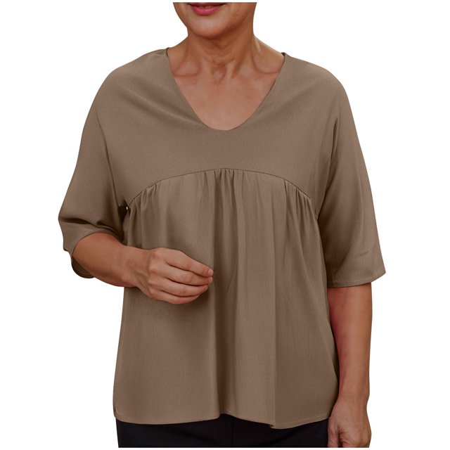 Liquidation d'Économies! Hauts pour Femmes Grande Taille, Blouse d'Été à Manches Courtes pour Femmes, Chemisiers Unis pour Femmes Raglan à Manches Mi-Longues à Col en V Patchwork Haut Plissé
