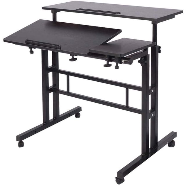 Soges Bureau d'Ordinateur à Hauteur Réglable Poste de Travail Assis-Debout Bureau Debout Mobile avec Roulettes, Conçu pour une Utilisation Ergonomique à la Maison Ou au Bureau. le Bureau Noir Présente des Panneaux de Bois en Particules Durables avec une Finition Lustrée et un Cadre en Métal Enduit de Poudre Robuste pour la Stabilité. Il Comprend Deux Plateformes Ajustables, une Inclinable avec une Plaque de Blocage pour Sécuriser les Articles, et des Roues Pivotantes pour la Mobilité. les Dimensions Sont de 31,5 Pouces de Large, 23,6 Pouces de Profondeur et la Hauteur Ajustable de 27,6 à 45,3 Pouces