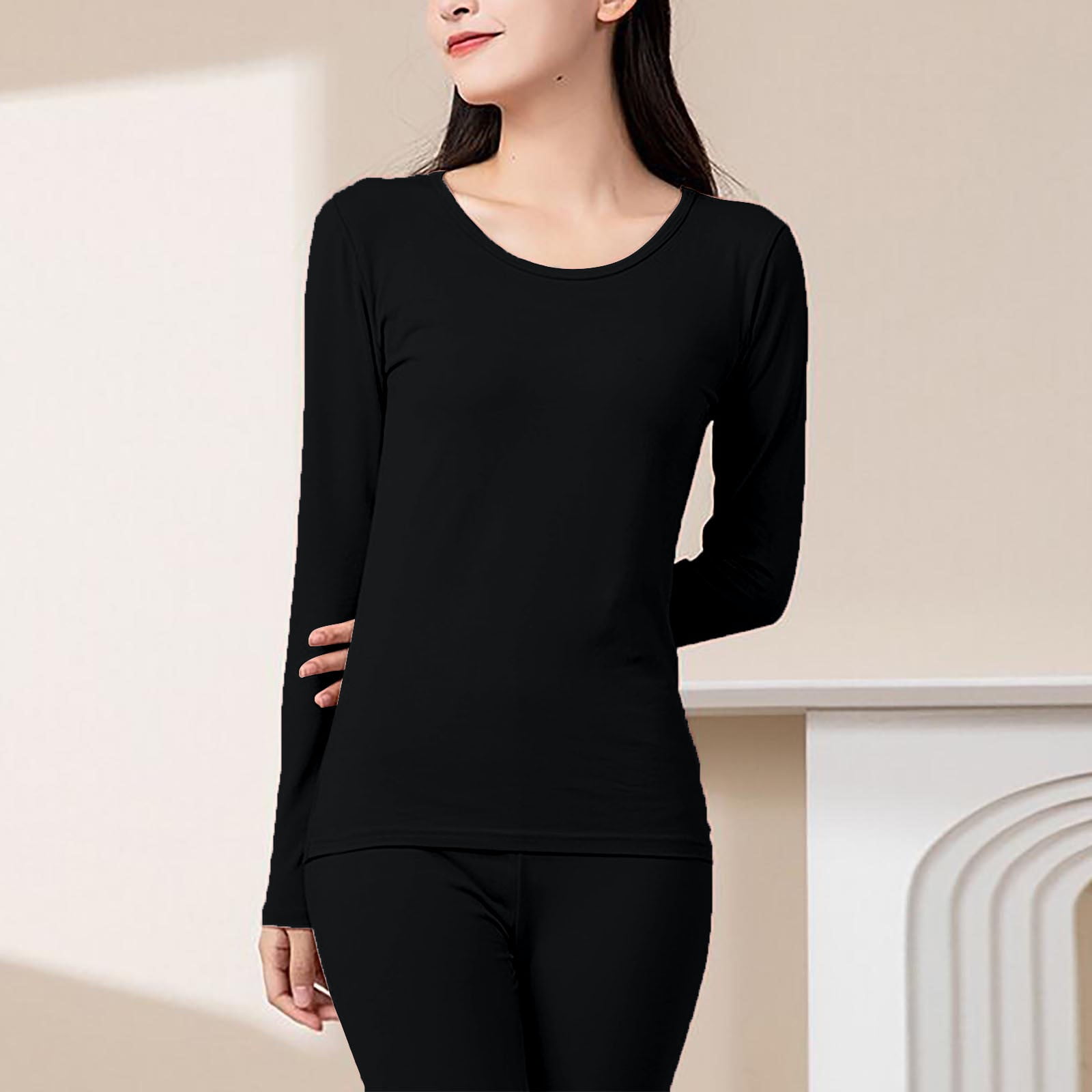 Breezora Women's Thermal Underwear Set Body Tight Sleepwear Autumn Clothing Comfortable Pants Outfit L Size Black