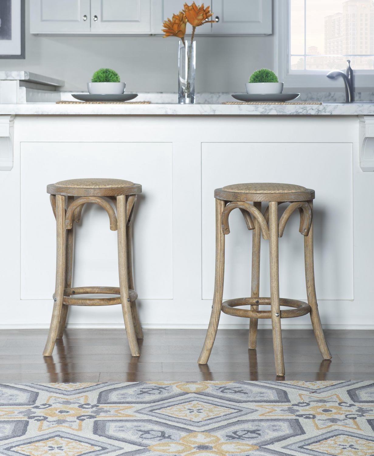 Tabouret de Comptoir Sans Dossier Whit Avec Assise en Rotin, Naturel