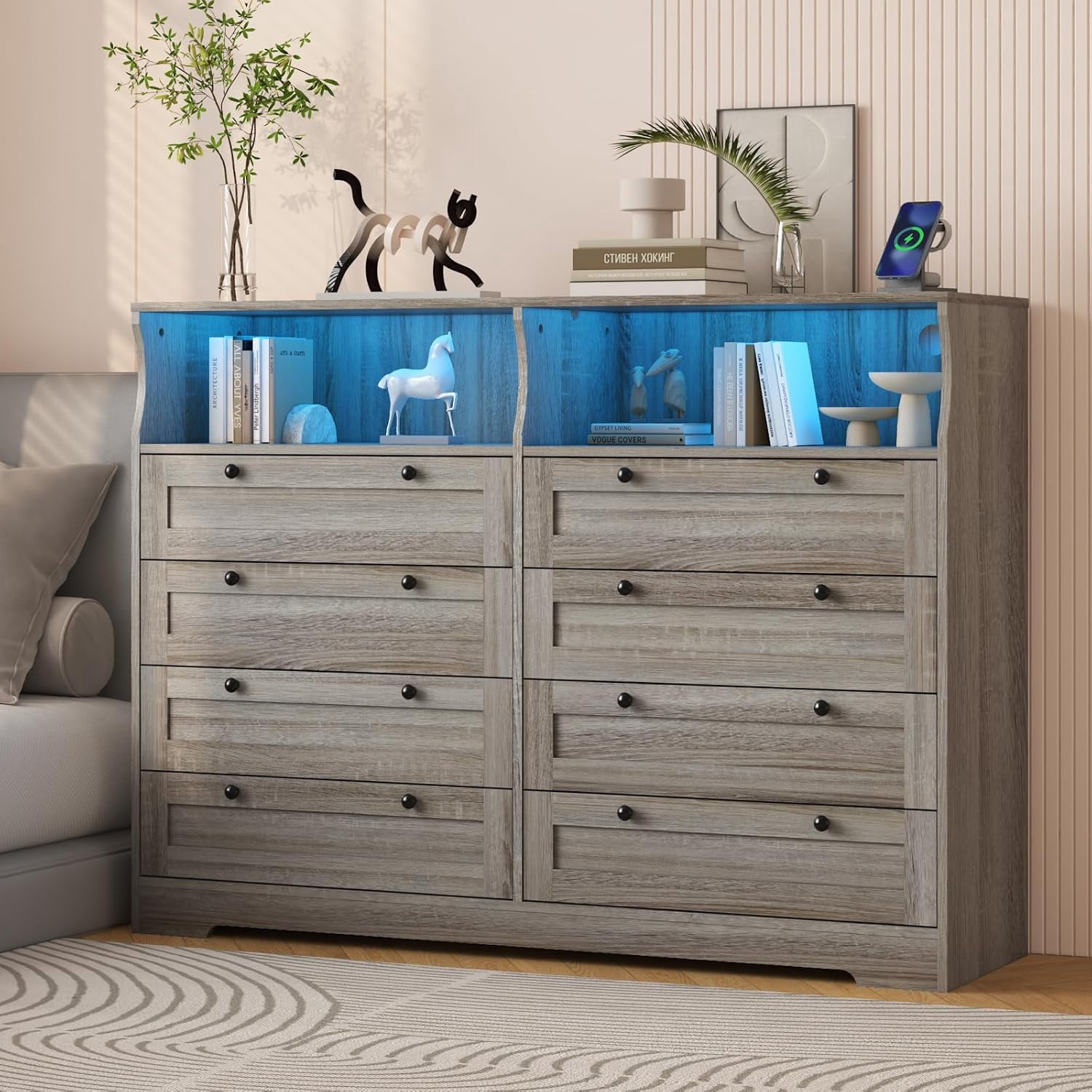 8 Drawers Wooden Dressers with Charging Station and LED Lights, Large Modern Wood Dresser for Bedroom, Living Room, Hallway, Wide Chest of Drawers Wood TV Stand Dressers for 55 Inch TV (Grey_1)