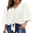 thumbnail image 4 of CHUANK Women‘s Button Down V Neck Tops Ruffled 3/4 Sleeve Tie Knot Front Blouses White Sizes S-2XL, 4 of 8