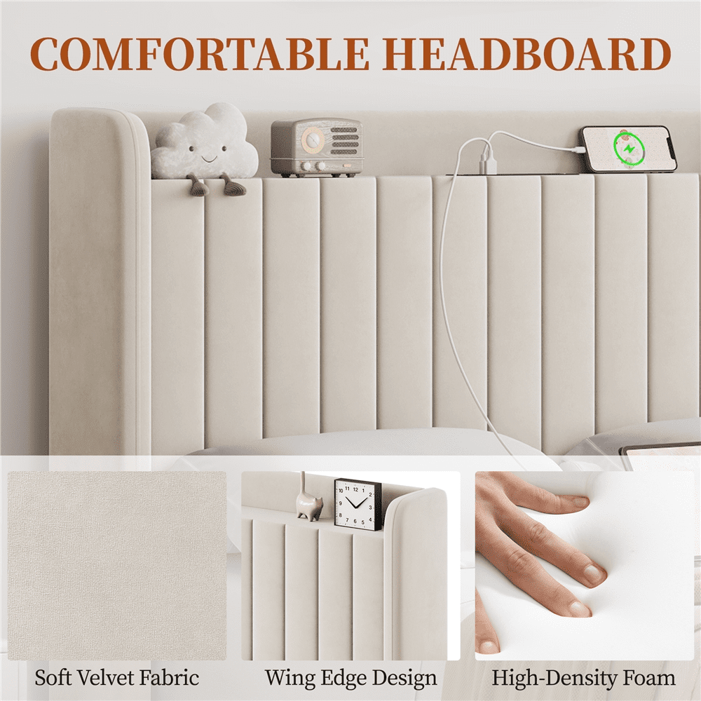 FullFurnique Cadre de Lit Capitonné en Velours avec Prises de Courant et Ports USB, Double, Beige