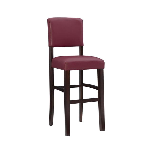 Benson Tabouret de Bar Rouge avec Siège et Dossier Rembourrés en Similicuir Rouge, Supporté par un Cadre en Bois Massif Teinté espresso Foncé avec Repose-Pieds, Conçu pour des Hauteurs de Bar de 41 à 43 Pouces, Convient aux Comptoirs de Cuisine et aux Sièges de Salle à Manger Décontractés.